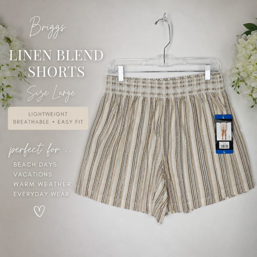 New Briggs Linen Blend Shorts Large Beige Stripe Smocked Waist Coastal Beachy